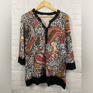 Joseph A. Tunic Womens Size Large Animal Print 3/4 Sleeve V-Neck Beading Detail